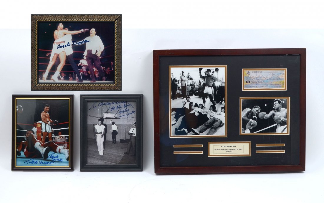 4 PC MUHAMMAD ALI PHOTO COLLECTION: 4 PC MUHAMMAD ALI PHOTO COLLECTION: Comprising 1- 8" w x 10" h framed photo of Ali after knocking down opponent, signed at bottom Angelo Dundee, 1 8" w. x 10" h black & white photo of Ali training on 