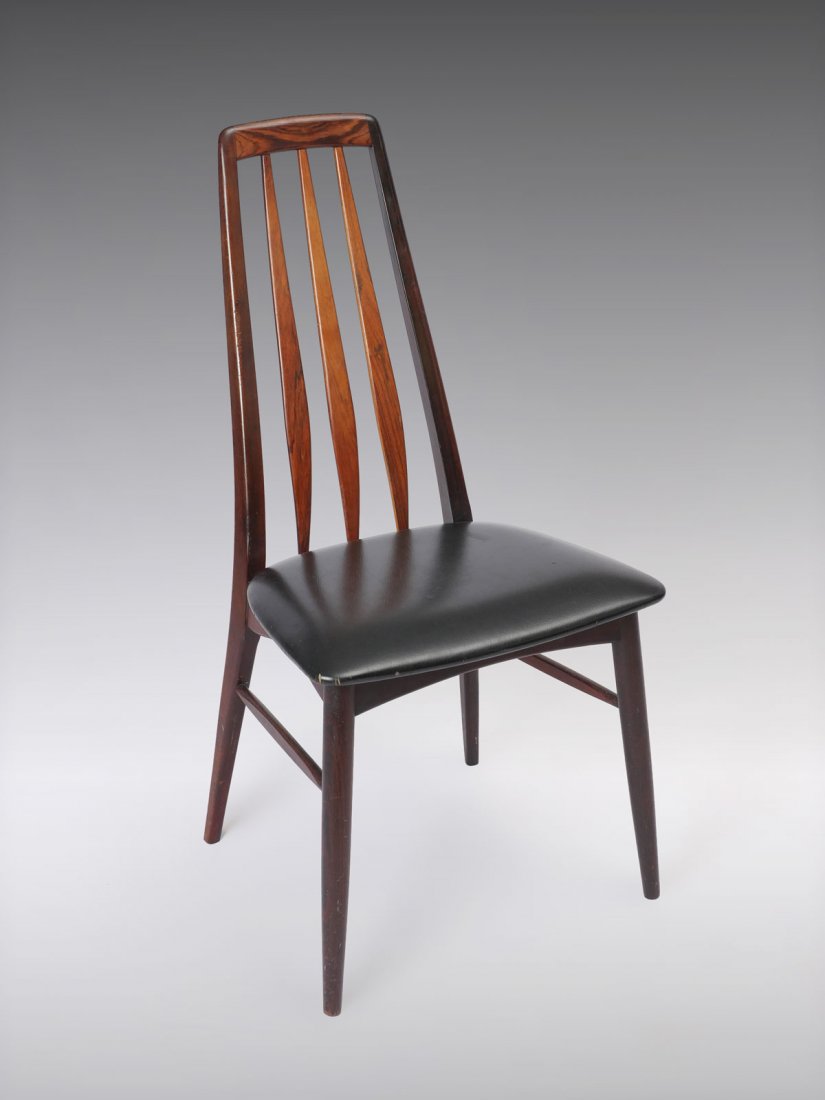 NIELS KOEFOED DANISH ROSEWOOD DINING CHAIR: NIELS KOEFOED DANISH ROSEWOOD DINING CHAIR: Mid-Century Danish rosewood "Eva" dining chair designed by Neils Koefoed. Solid rosewood frame construction with black leather upholstery. Black impressed D