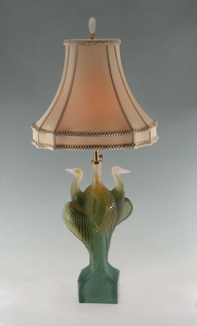 LARGE DAUM PATE DE VERRE HERON LAMP: LARGE DAUM PATE DE VERRE HERON LAMP: Large Pate De Verre 2 Heron glass lamp with Heron's in opposing direction by Daum Nancy of France. The bottom begins in a bluish-green into a complimenting amber a