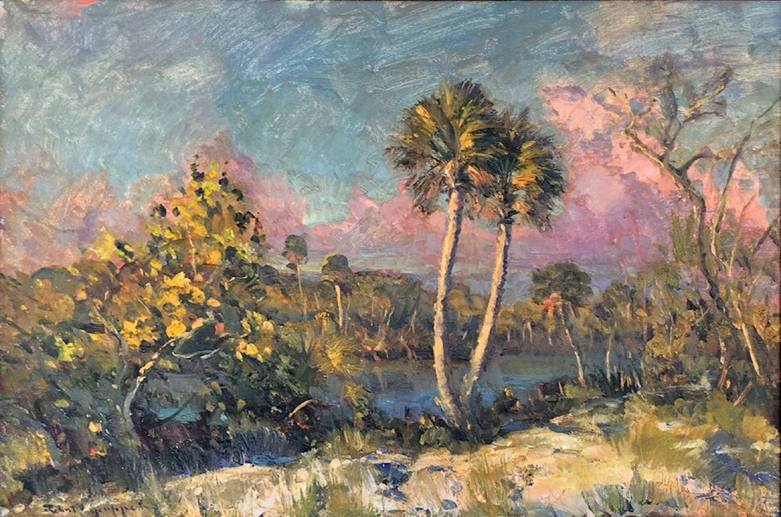 LARGE ROBERT GRUPPE FLORIDA LANDSCAPE PAINTING: GRUPPE, Robert, (American, 1944- ): Florida Landscape with Palms, Oil/Canvas, 24" x 36", signed lower left, framed 34.50" x 46".