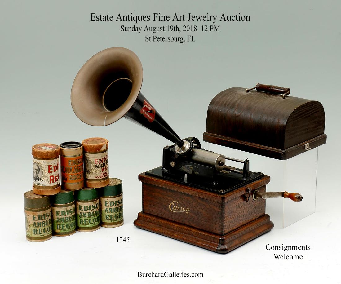 THOMAS EDISON FIRESIDE PHONOGRAPH & 7 CYLINDERS: THOMAS EDISON ''FIRESIDE'' PHONOGRAPH & 7 CYLINDERS: Early 1900's Thomas A. Edison ''Fireside'' phonograph combination type, produced in Orange, N.J. Mounted in handled oak case with hinges to backsid