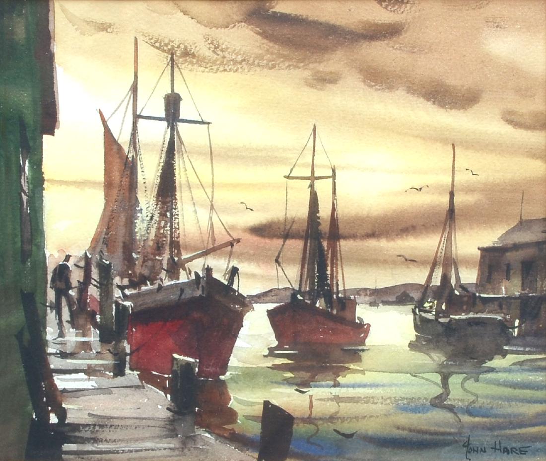 JOHN CUTHBERT HARE PROVENANCE TOWN PAINTING: HARE, John Cuthbert, (American, 1908-1978): After a Storm- Provenance Town, Watercolor Dockside Scene, sight size is 6.75" x 8", signed lower right, titled lower left on the mat, framed 14" x 14.75".