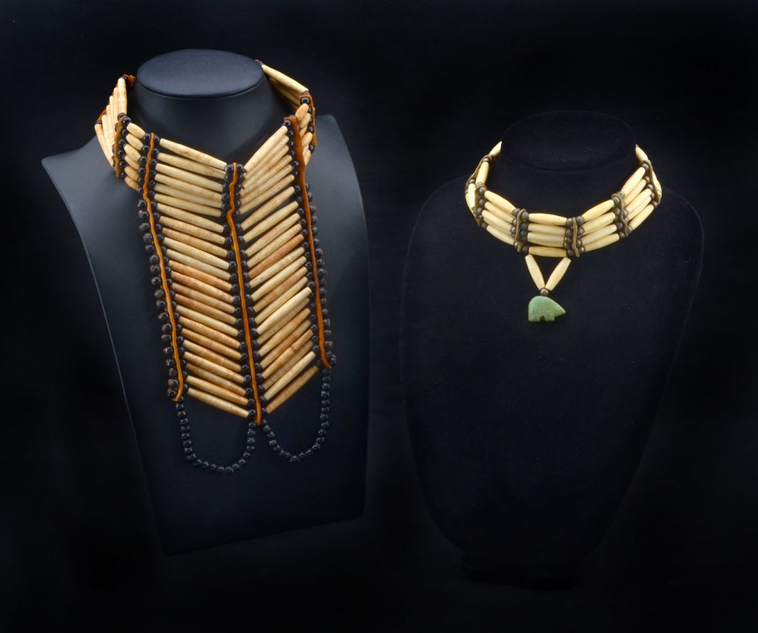 AMERICAN INDIAN BONE BREAST PLATE & CHOKER: AMERICAN INDIAN BONE BREAST PLATE & CHOKER: Comprising 1 Native American Indian hair bone breast plate having rows of bone flanked by white heart black glass trade beads separated by leather straps. T