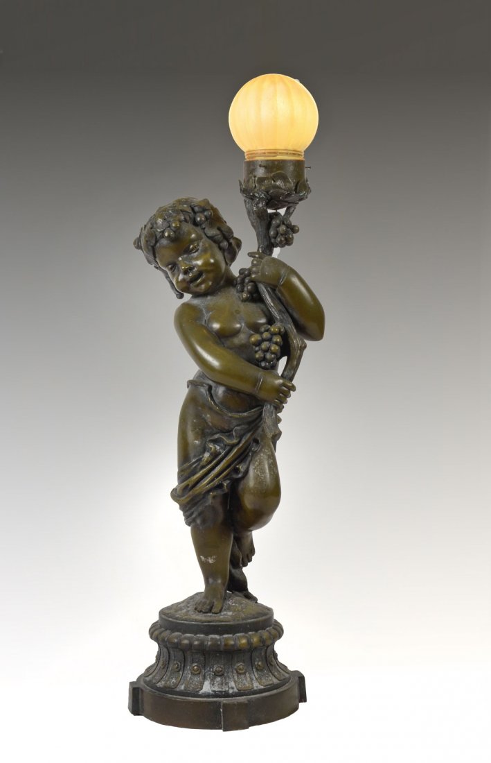 LARGE AUGUSTE MOREAU SIGNED CHERUB LAMP
