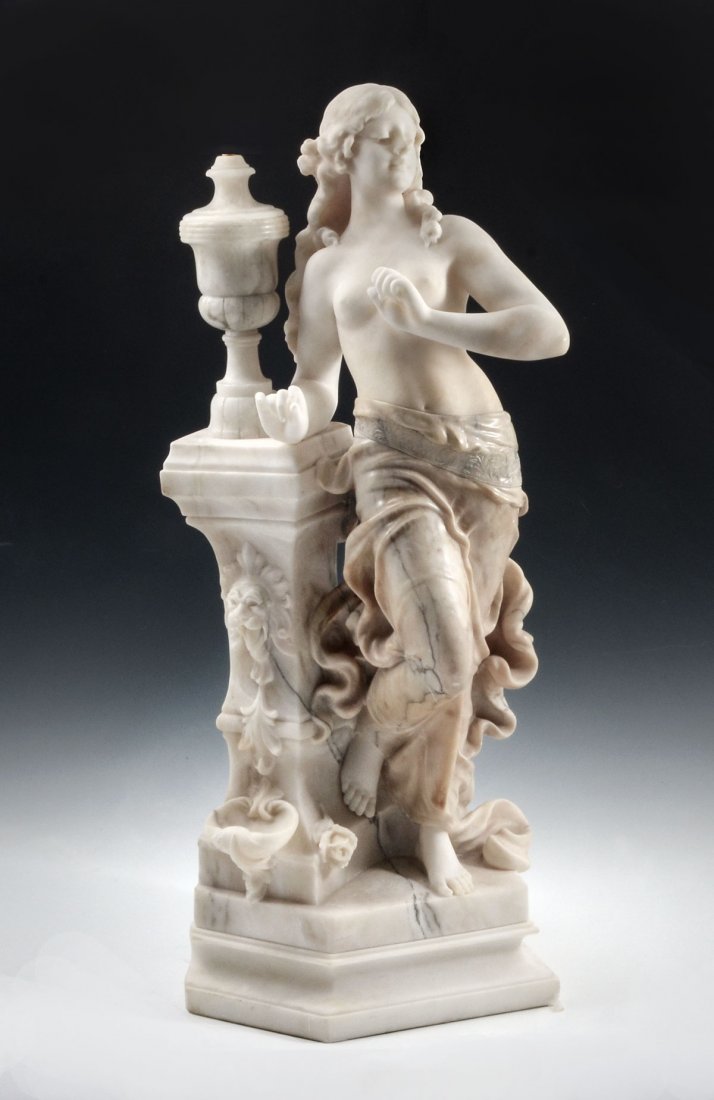 UMBERTO STIACCINI NUDE CARVED MARBLE LAMP: STIACCINI, Umberto, (Italian, 19/20th C.): "Salome", Carved Marble and Alabaster Lamp, (her dress is marble, everything else is alabaster), exquisitely carved, semi nude woman gracefully leaning again