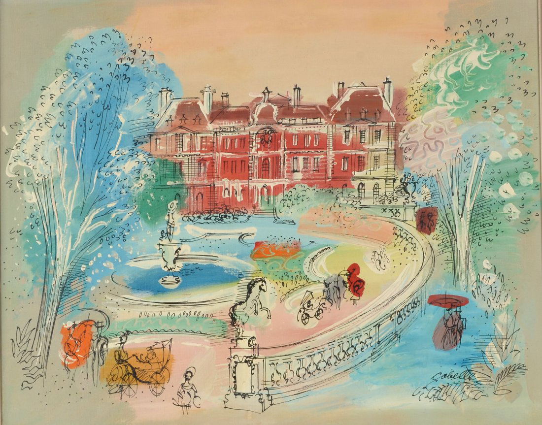 COBELLE, CHARLES, PARIS MANSION OIL/CANVAS: COBELLE, Charles, (French, 1902-1998): Landscape with French Mansion, 24" x 30", signed lower right, framed 28" x 34".