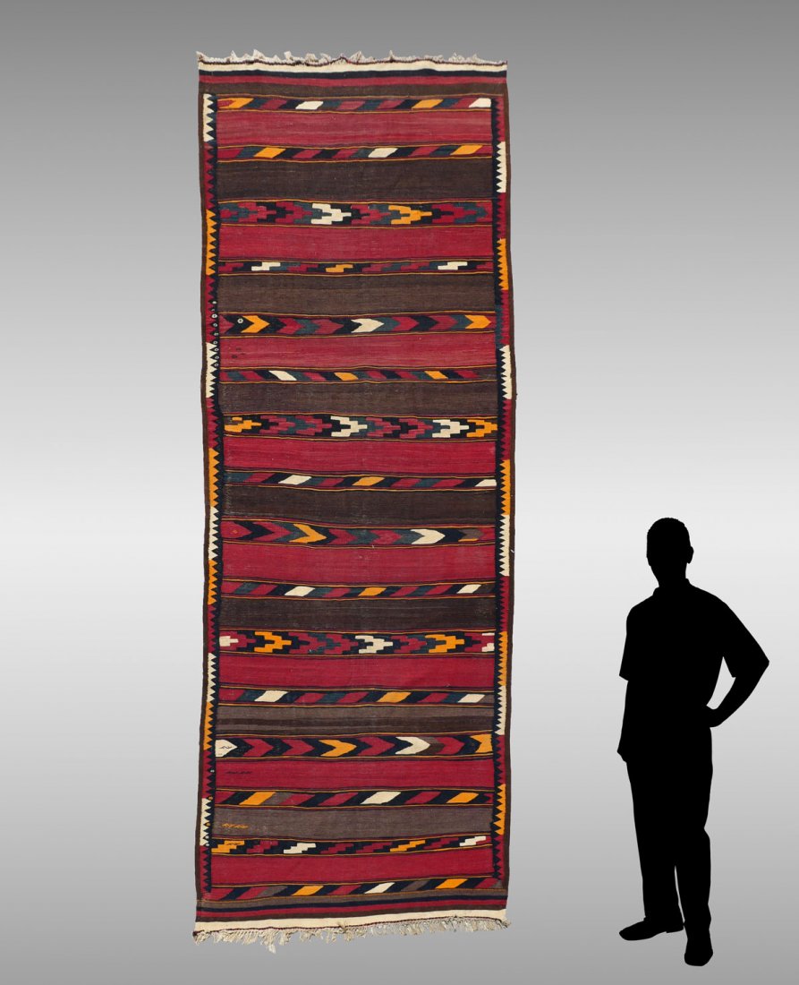 ANTIQUE TURKISH HANDWOVEN FLATWEAVE RUG 4'6" X 11' 4": SEMI-ANTIQUE TURKISH HANDWOVEN FLATWEAVE RUG, 4'6" X 11'4": This attractive long rug has horizontal bands of solid color alternating with multi colored bands.