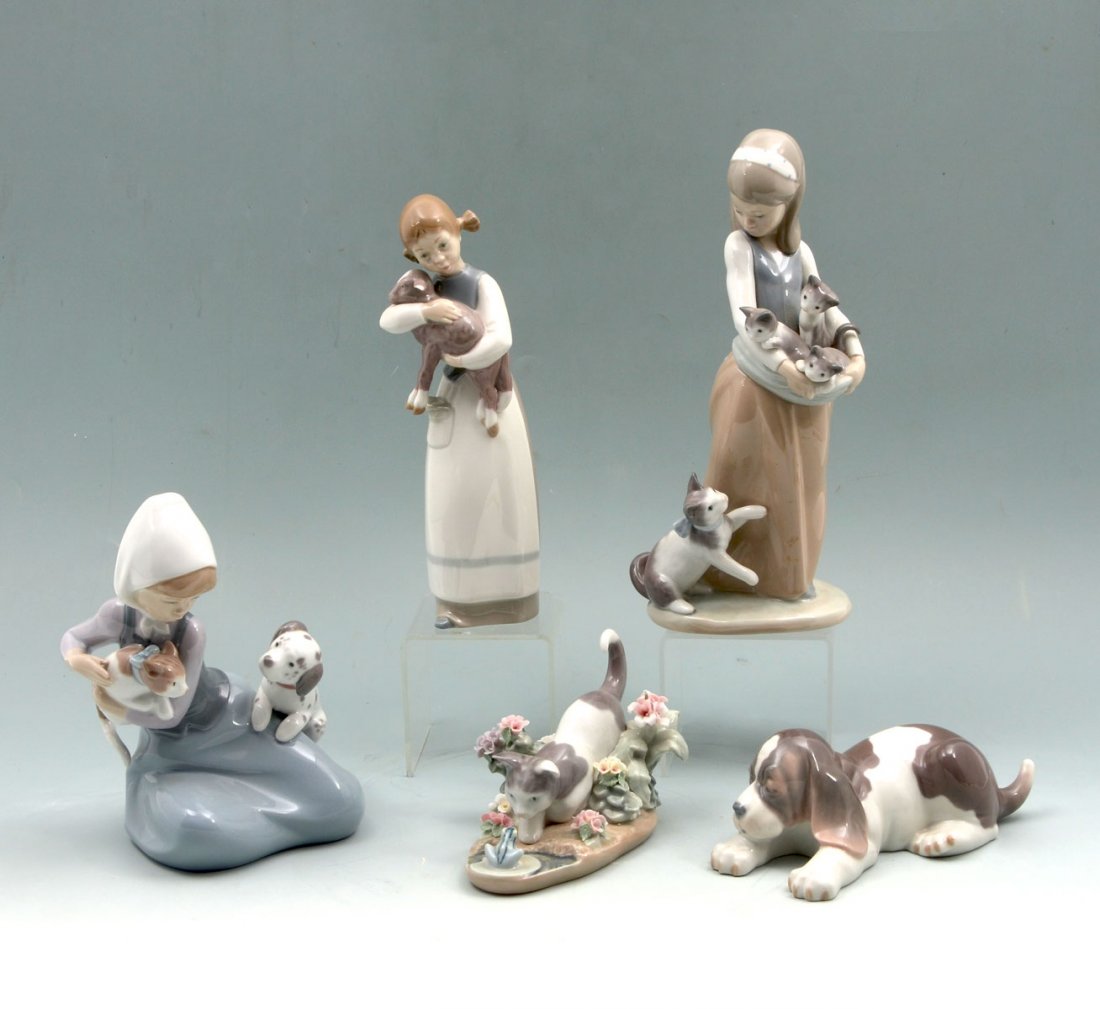 5 LLADRO FIGURINES: 5 LLADRO FIGURINES: 5 Lladro figurines to include 1) " Girl with Lamb", sculptor Julio Fernandez, issued 1969, retired 1993, 8.75" h. 2) "Beagle Puppy Lying", sculptor Julio Fernandez, issued 1969, re