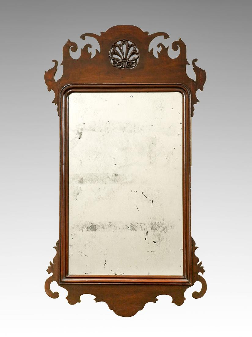 CHIPPENDALE MAHOGANY SHELL CARVED MIRROR: CHIPPENDALE MAHOGANY SHELL CARVED MIRROR: Circa 1770, American. Originally owned by Nash family in Charleston, South Carolina. Mahogany Chippendale mirror having carved & pierced central shell medalli