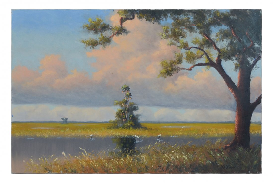 D. D. BROWN FLORIDA LANDSCAPE PAINTING: BROWN, Don D., (American, 20th C.): Florida Landscape with River and Herons, Oil/Canvas, 20" x 30", signed lower right, unframed.