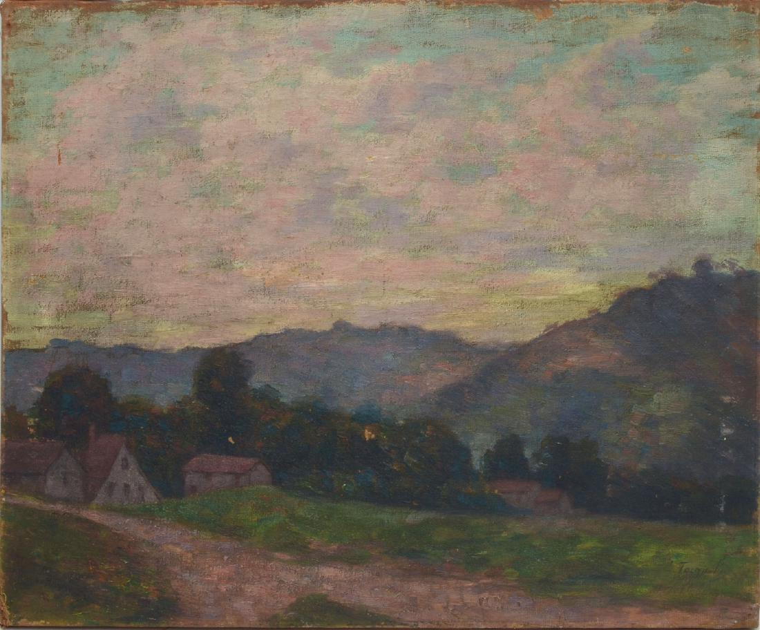TURN OF THE CENTURY IMPRESSIONIST LANDSCAPE PAINTING: TURN OF THE CENTURY IMPRESSIONIST LANDSCAPE PAINTING: Scene Depicts the Edge of Town Near Sunset, Oil/Canvas, 18" x 24", signed lower right "Jacqueline", unframed.