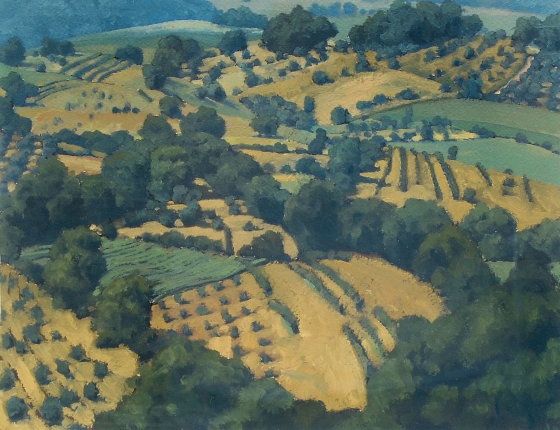 KURT MOYER "GREEN AND GOLD" OIL PAINTING: MOYER, Kurt, (American, 20th C.): "Green and Gold", Oil/Paper, 7.50" x 9.50", signed lower right, dated 1999, framed 16" x 17".