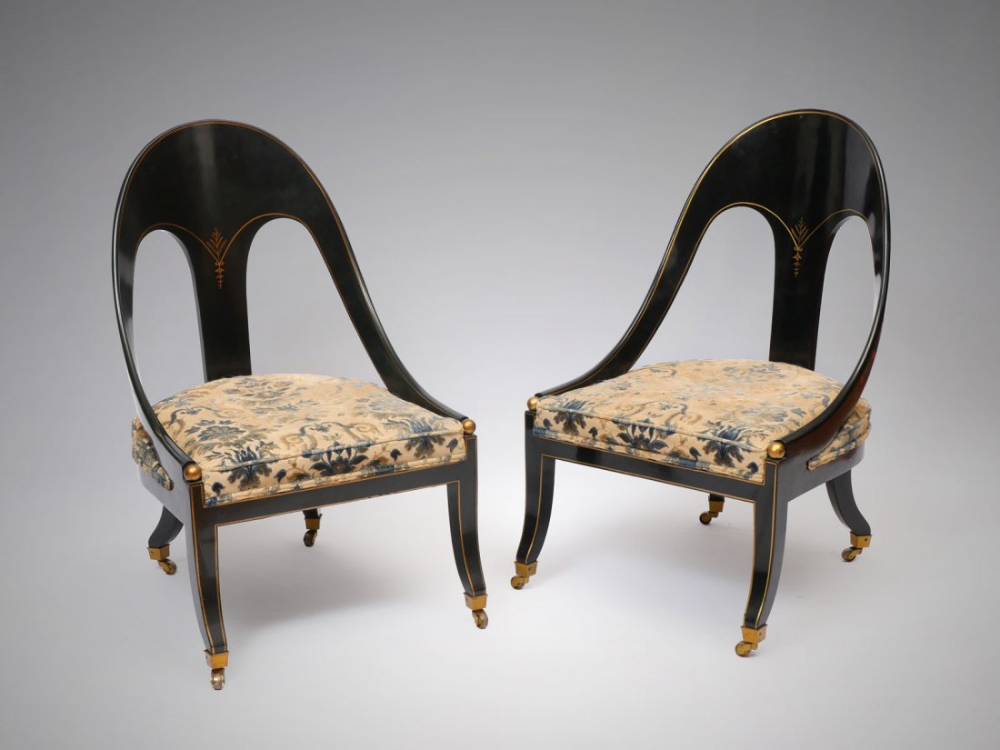 PAIR OF BIEDERMEIER SIDE CHAIRS: PAIR OF BIEDERMEIER SIDE CHAIRS: 2 Biedermeier side chairs having a contoured back accented with hand-painted gold borders. 2 gold balls flank the floral & foliate upholstered seat. Raised on serpenti