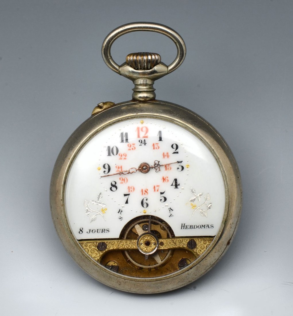 ANTIQUE HEBDOMAS ANCRE 8 JOURS: ANTIQUE HEBDOMAS ANCRE 8 JOURS: Pre 1920s? silver metal watch is open face with a 24 hour dial and Arabic numbers. Swiss made, jeweled mechanical movement, stem wind.