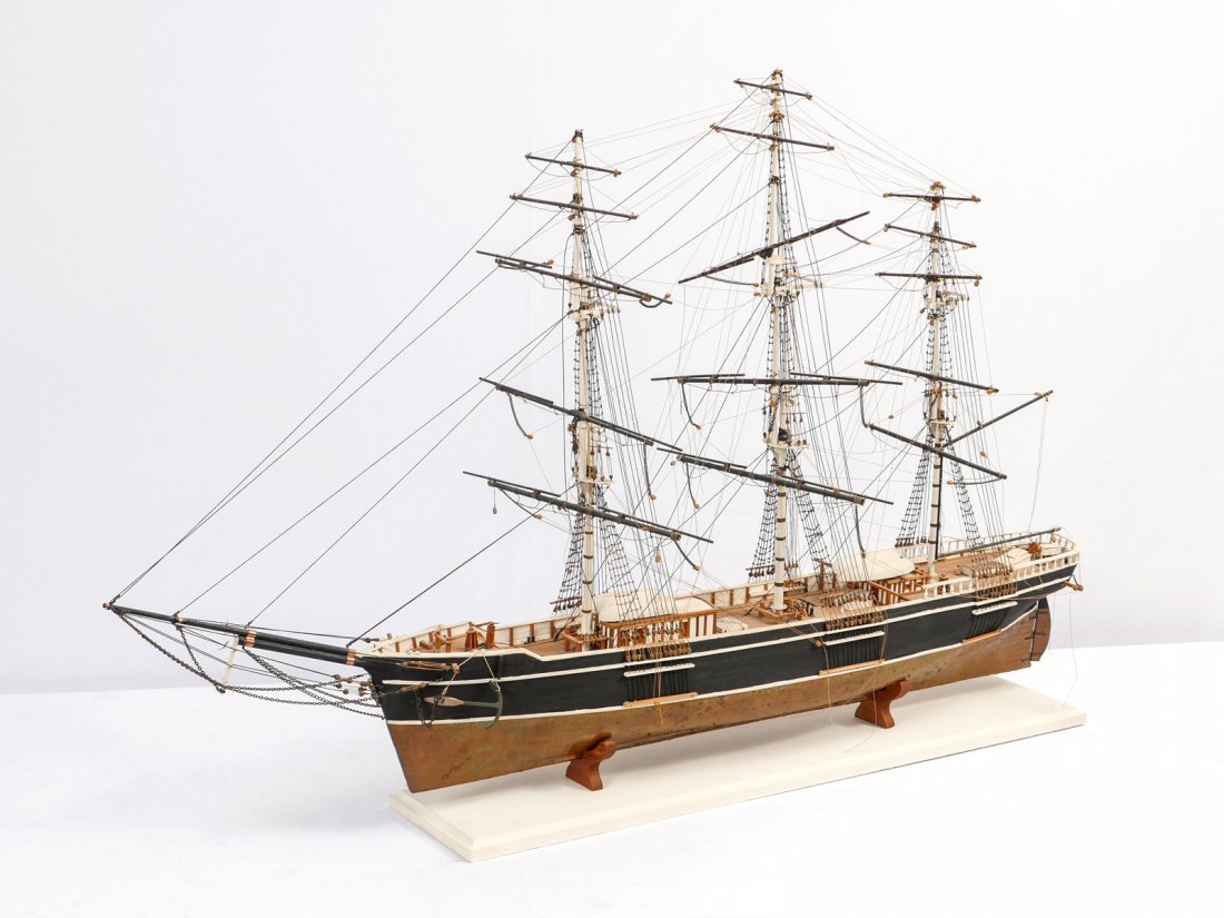 3 MASTED SCHOONER MODEL FROM TARPON SPRINGS: LARGE 3 MASTED SCHOONER MODEL: Meticulously detailed 3 masted schooner having extensive rigging work. Wood plank construction with upper haul painted black, with lower half having copper sheeting. Mou