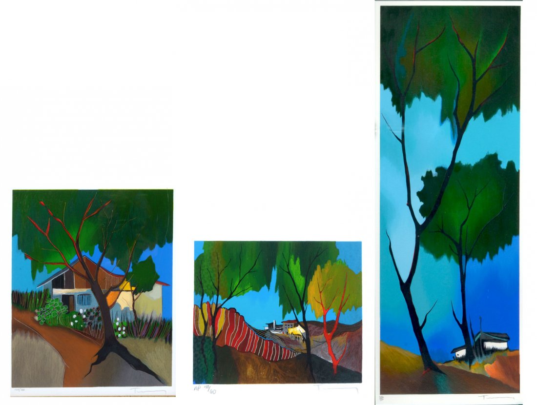 3 TARKAY EMBOSSED SERIGRAPHS: 3 TARKAY EMBOSSED SERIGRAPHS: 1) "La Maison", sight size 11.75" x 9.5", signed lower right, numbered 158/300, framed, 23" x 21"; 2) "Red Fence", sight size 7" x 8", signed lower right, marked lower le