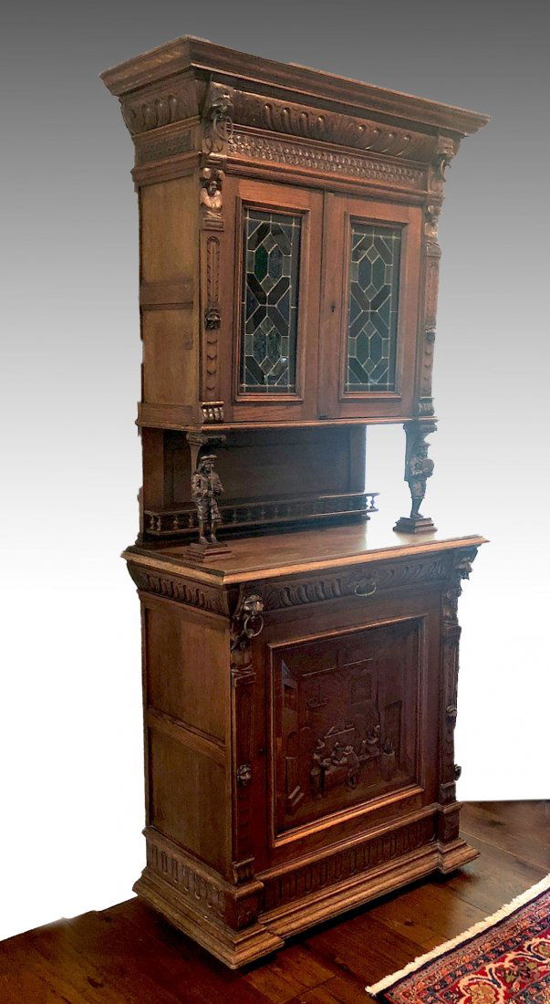 SMALL ORNATE OAK ANTIQUE CARVED HUTCH