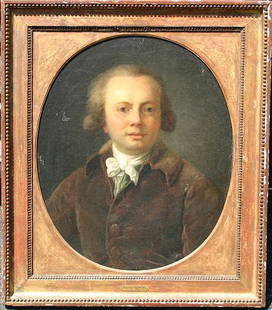 HENRI PIERRE DANLOUX PORTRAIT PAINTING: DANLOUX, Henri-Pierre,(French, 1753-1809): Portrait of a Gentleman, Oil/C, signed, 24'' x 18'', encased in gilded gesso frame with wear, 27'' x 22 1/2''. Re-lined with scattered in-paint visible by bl