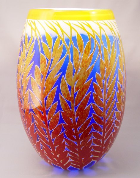 DUNCAN McCLELLAN BLOWN GLASS VASE WINTER WHEAT: McCLELLAN, Duncan, (American, 1955-): ''Winter Wheat'', artist signed hand blown art glass vase, internal graal technique, 15''h.