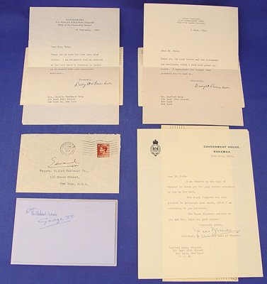 AUTOGRAPH GROUP EISENHOWER, GEORGE V, EDWARD VIII: POLITICAL AUTOGRAPH GROUP EISENHOWER, GEORGE V, EDWARD VIII: To include 1) 2 WWII dated hand signed General Dwight Eisenhower letters. Letters are replies to Manfred Palm, a dedicated NY autograph see