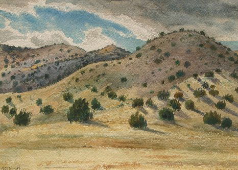 PETER HURD NEW MEXICO WATER COLOR PAINTING: HURD, Peter, (American, 1904-1984): ''A Day in August'', W/C, 9'' x 12'', signed, encased in The Artisan's Shop frame, 10 1/2'' x 17 1/2'', original Gerald P. Peters Gallery label affixed verso.