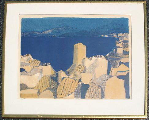 ROGER MUHL COTE D'AZUR LITHOGRAPH: MUHL, Roger, (French, 1929-): "Cote D'Azur", Lithograph, sight size 21" x 29", pencil signed and numbered 4/120, fine gilt framing, 29 1/2" x 37", David B. Findlay Gallery label affixed verso.