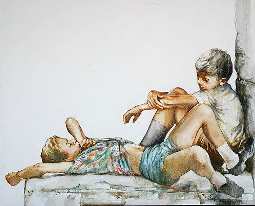 JONAS GERARD ORIGINAL PAINTING: GERARD, Jonas, (American, 20th C): "Companions", O/C, 40" x 47 1/2", signed lower right and signed on stretcher verso dated 11/25/80 with typo.