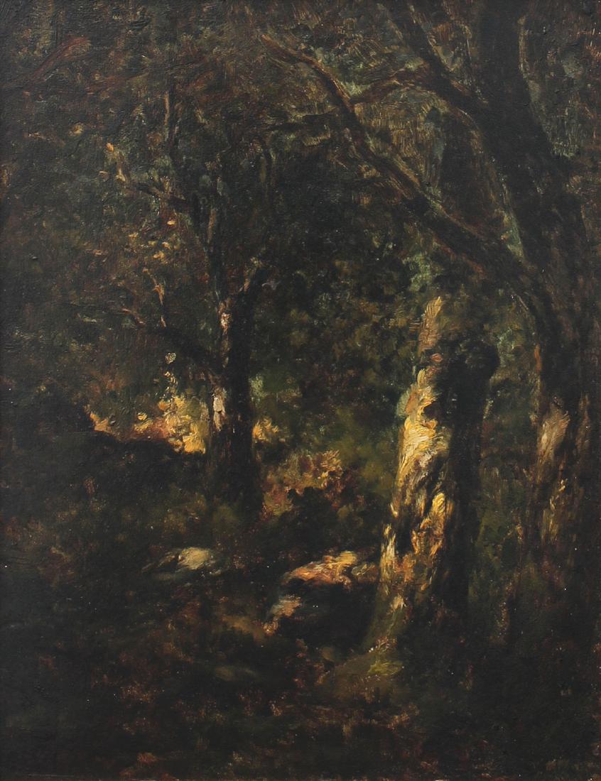 FOREST SCENE ATTRIBUTED TO DIAZ DE LA PENA PAINTIN: FOREST SCENE ATTRIBUTED TO DIAZ DE LA PENA PAINTING: Oil/Woodpanel, 16'' x 12.50'', this stark painting shows no discernible signature, framed 21.50'' x 17.75''.