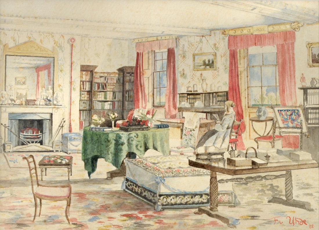 FRITZ UHDE INTERIOR WATERCOLOR: VON UHDE, Fritz, German (1848-1911): Great Room Interior Scene with Figure, Watercolor, sight size 9" x 12, signed lower right and dated '72, framed, 24" x 28".