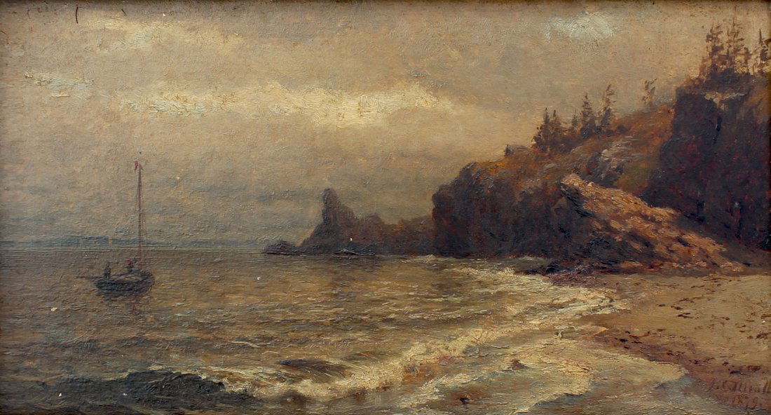 J. C. NICOLL PAINTING "AT GRAND MANAN": NICOLL, James Craig, (American, 1846-1918): "At Grand Manan", Oil/Panel, 6.75" x 12", signed lower right and dated 1879, titled verso, period foliate gesso frame is 12" x 17.50" x 2.75".