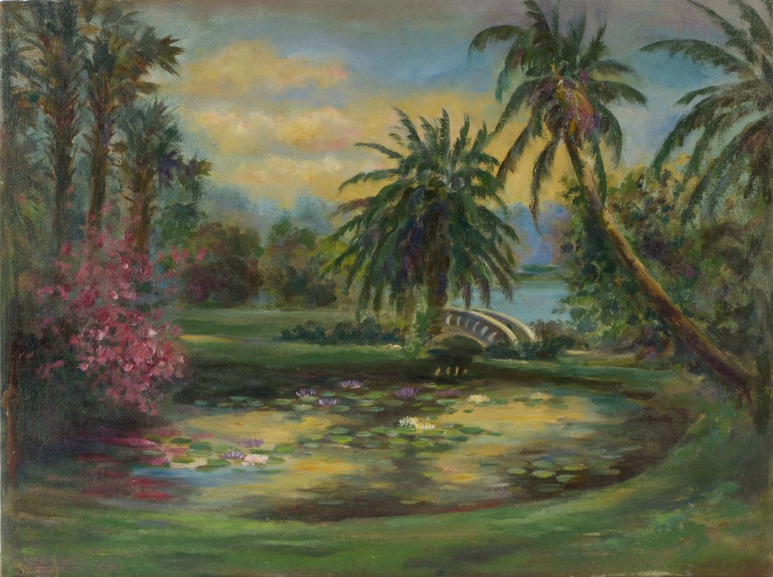 CATHERINE STOCKWELL FLORIDA LANDSCAPE: STOCKWELL, Catherine Haynes, (1895-1983): Florida Landscape with Water Lilies in a Pond, Oil/Canvas, 24" x 32", signed lower left, unframed.