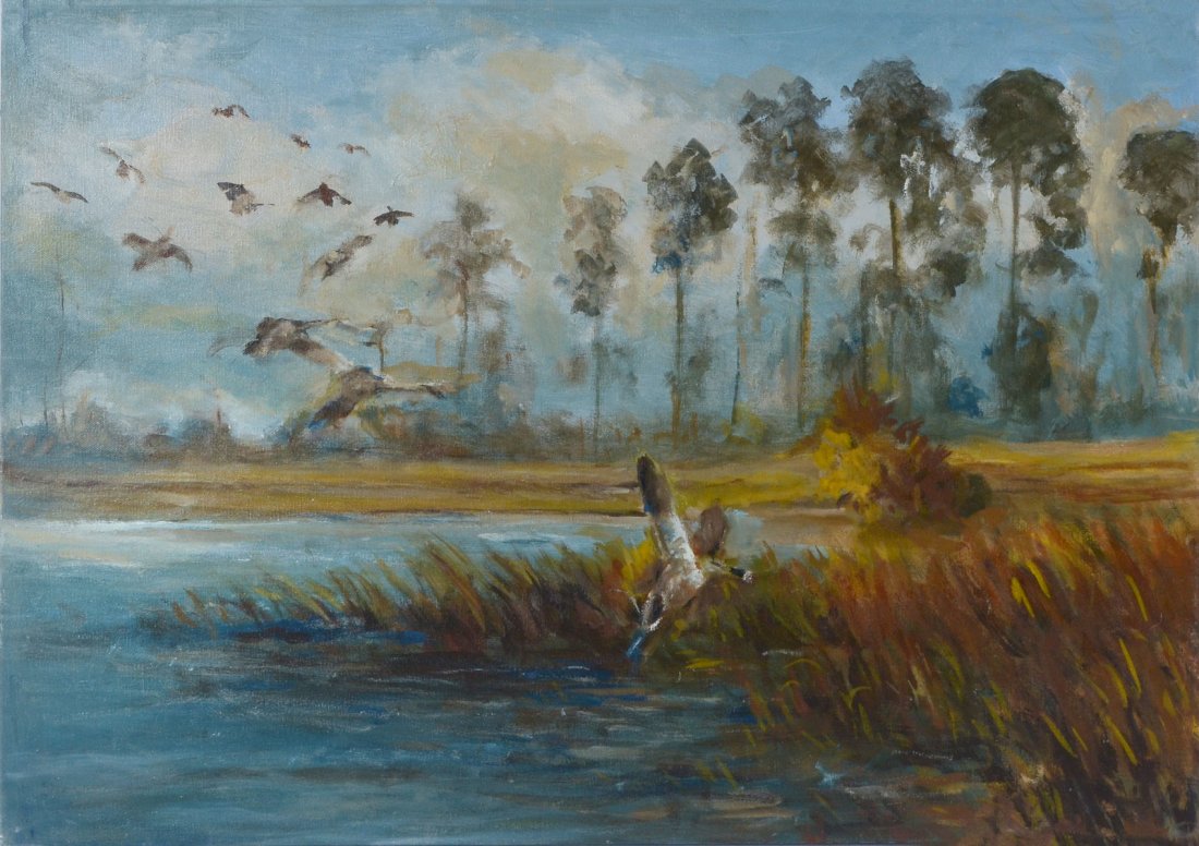 CATHERINE STOCKWELL FL MARSH SCENE WITH DOCKS: STOCKWELL, Catherine Haynes, (American, 1895-1983): Florida Marsh Scene with Docks in Flight, Oil/Canvas, 19.50" x 28.25", no visible signature, unframed.