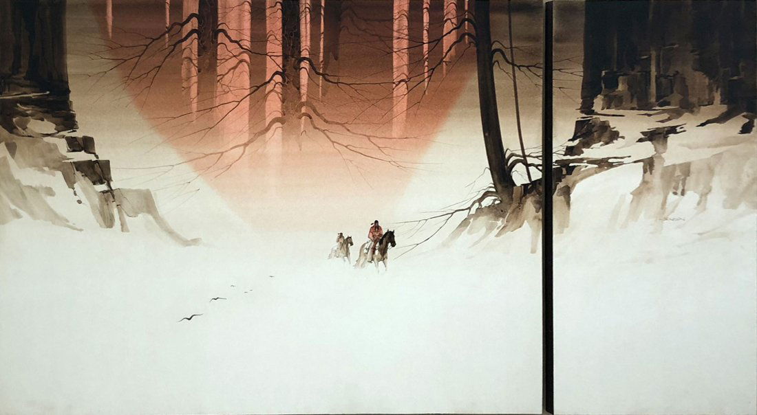 LARGE MICHAEL ATKINSON INDIAN PAINTING: ATKINSON, Michael, (American, 1946-): Indian Travelers on Horseback in the Snow, Watercolor Diptych, Left side measures 28.75" x 39", right side is 28.75" x 14.5", signed on the right painting, framed