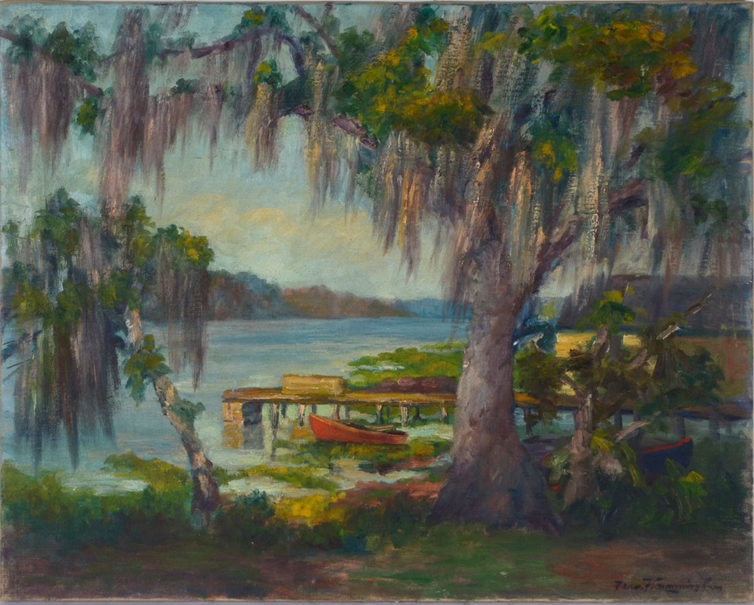 FERN CUNNINGHAM FLORIDA RIVERSIDE SCENE PAINTING: CUNNINGHAM (Stone), Fern Francis, (1889-1975): Florida River Scene, Oil/Canvas, 24" x 30", signed lower left, unframed.