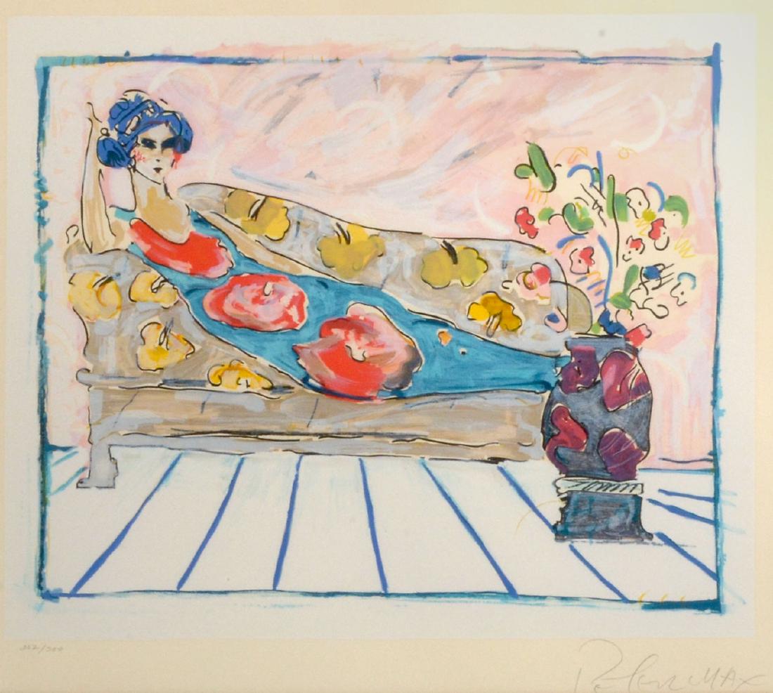PETER MAX LITHOGRAPH OF RECLINING WOMAN: PETER MAX LITHOGRAPH OF RECLINING WOMAN: Sight size is 21" x 23.50", pencil signed lower right, numbered 262 of 300 lower left, two blind stamps in the lower left corner, framed 29.50" x 32.50".