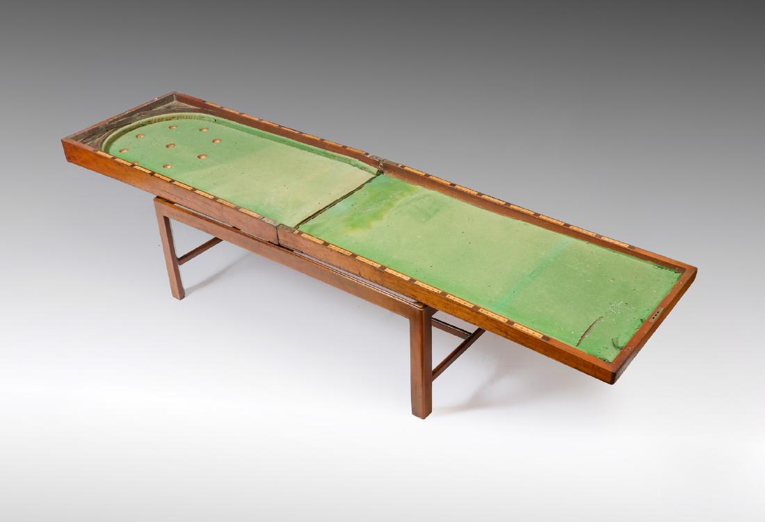 VICTORIAN FOLDING BAGATELLE GAME TABLE ON STAND: VICTORIAN FOLDING BAGATELLE GAME TABLE ON STAND: 19th century Bagatelle folding game table on stand. Approx. 23.5" h x 49" l x 24.5" w.