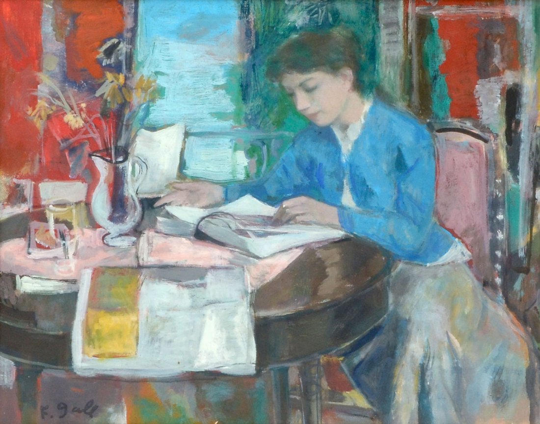 FRANCOIS GALL WOMAN IN AN INTERIOR PAINTING: GALL, Francois, (French, 1912-1987): Interior Scene with Young Woman Reading at the Breakfast Table, Oil/Board, sight size 8.25" x 10.25", signed lower right, faintly marked verso F. Gall 1961, period