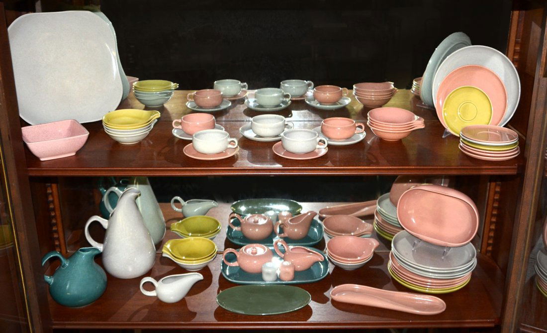 RUSSELL WRIGHT CHINA: RUSSELL WRIGHT CHINA: Approx. 54 pieces of Russel Wright China in assorted patterns such as American Modern Coral & Oyster Gray to include 11 dinner plates (11.5"), 2 salad plates (9"), 15 cream soup