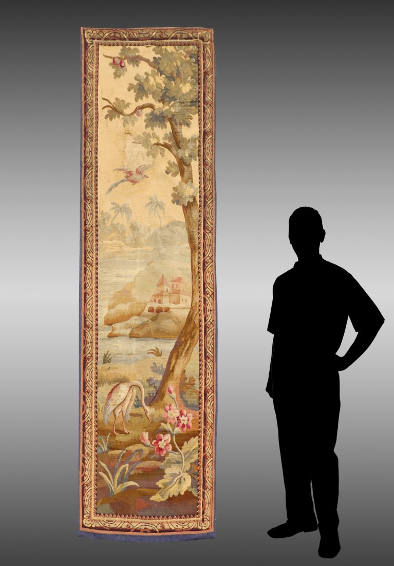 REAL HANDMADE FRENCH AUBUSSON TAPESTRY, 2'5" X 9': REAL HANDMADE FRENCH AUBUSSON TAPESTRY, 2'5" X 9': This long narrow hanging panel may have been part of a larger scene but works well on its own. Country scene with large tree, birds and flowers.