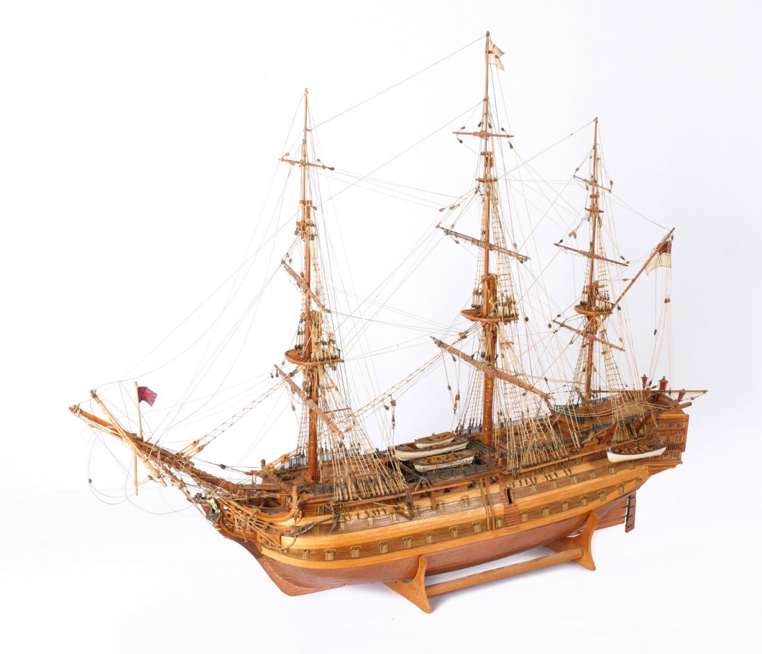 HMS VICTORY SHIPS MODEL BY JOACHIM DZIERZENGA: HMS VICTORY SHIPS MODEL BY JOACHIM DZIERZENGA: Elaborately detailed ships model by Joachim Dzierzenga, of HMS Victory, having incredible rigging detail and applied copper bottom. Approx. 29.25" h x 39