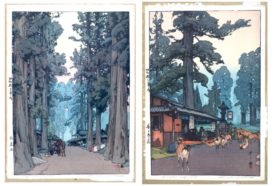 2 HIROSHI YOSHIDA JAPANESE WOODBLOCK PRINTS: 2 HIROSHI YOSHIDA JAPANESE WOODBLOCK PRINTS: "Criptomeria Avenue", 15.75" x 10.75" with margins, stamped lower right and titled lower left, unframed; "Daibutsu Temple Gate", 16" x 10.75" with margins,