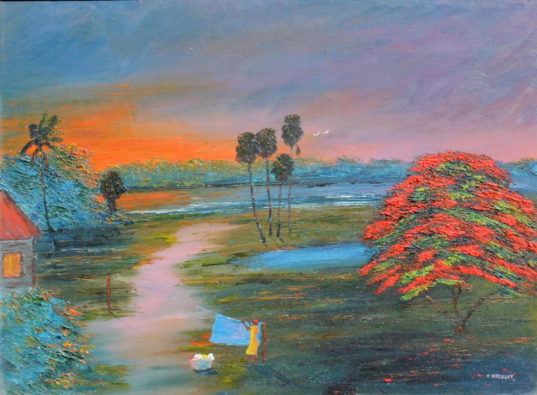 VINTAGE CHICO WHEELER HIGHWAYMEN PAINTING: WHEELER, Chico, (American, 1946): Florida Highwaymen Landscape with Washer Woman, Poinciana Tree and Vibrant Sunset, Oil/Masonite, 18" x 24", signed lower right, framed 23.50" x 29.50".