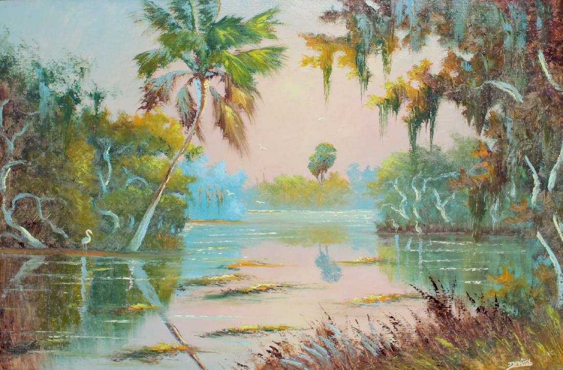 JOHNNY DANIELS FLORIDA HIGHWAYMEN LAGOON PAINTING: DANIELS, Johnny, (American, 1954-2009): Florida Highwaymen Lagoon Scene, Oil/Upson Board, 24" x 35.50", signed lower right, framed 27" x 39.50".