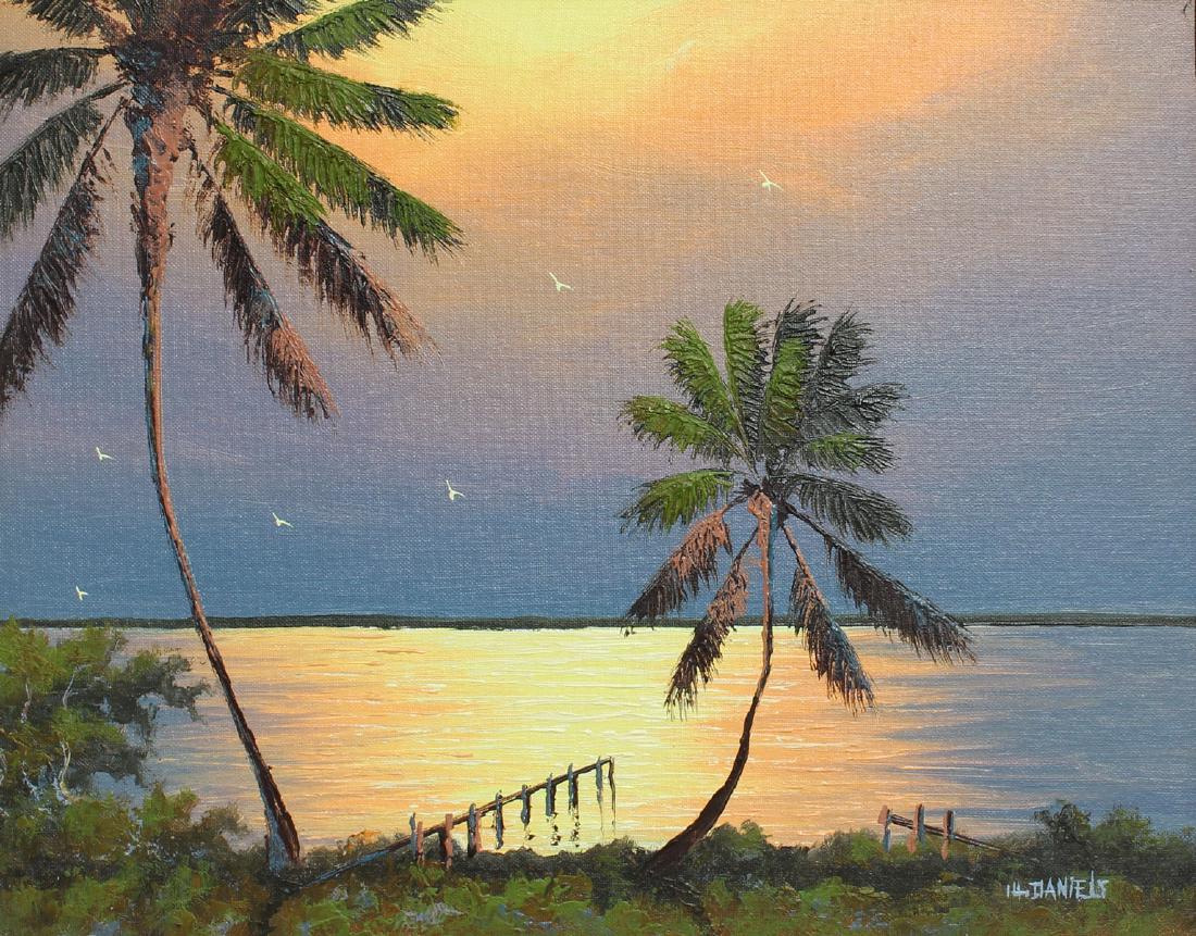 WILLIE DANIELS FLORIDA HIGHWAYMEN RIVER PAINITING: DANIELS, Willie (American, 1950): Florida Highwaymen Sunset River Scene with Palms, Oil/Canvas Board, 16" x 20", signed lower right, framed 19" x 23.25".