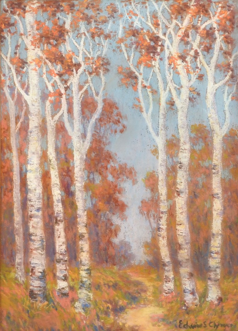 EDWIN S. CLYMER AUTUMNAL BIRCHES PASTEL: CLYMER, Edwin S., (American, 1871-1949): Autumnal Birches with Forest Path, Pastel, sight size 13.50" x 9.50", signed lower right, framed 21.50" x 16.50".