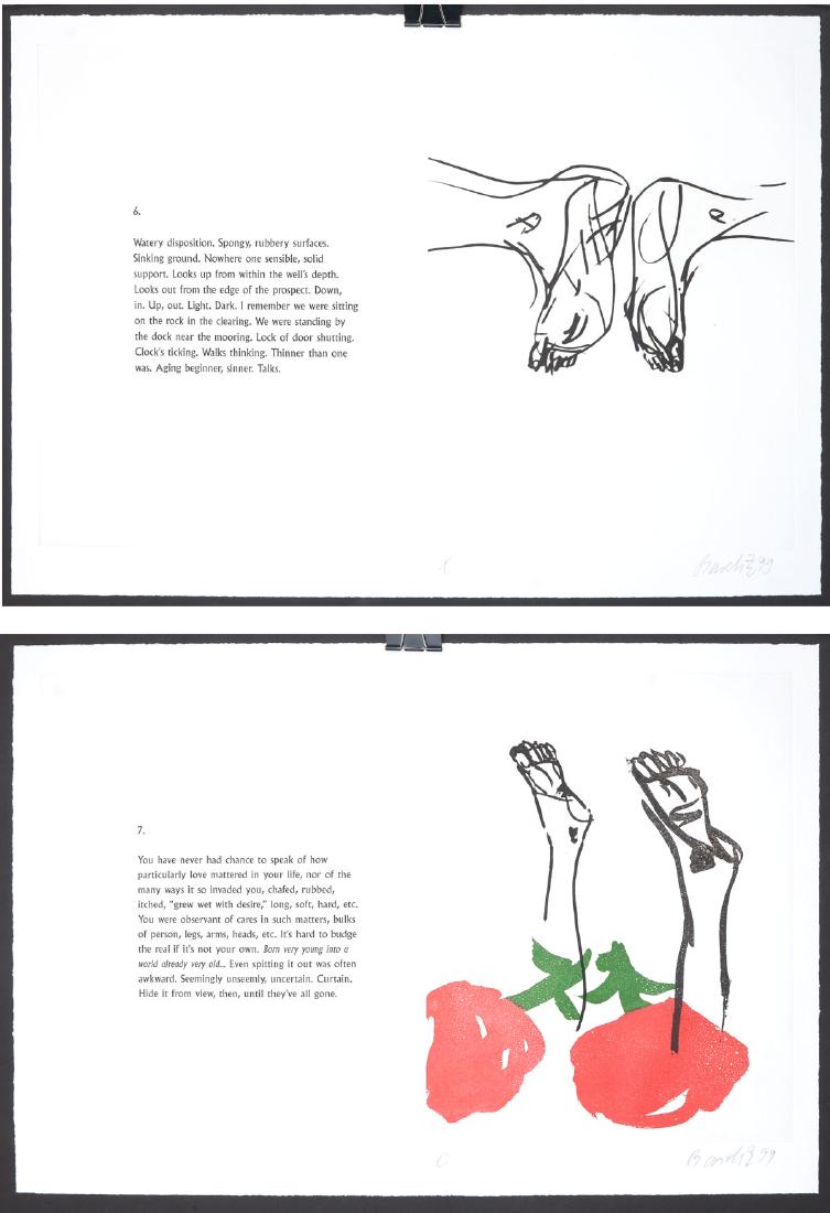 GEORGE BASELITZ AND ROBERT CREELEY: GEORGE BASELITZ AND ROBERT CREELEY: ''Signs'' 2000, Intaglio folio, pages 6 and 7 of 10 images, each page signed and numbered by the artist Folio: 19.625 x 29'' open.