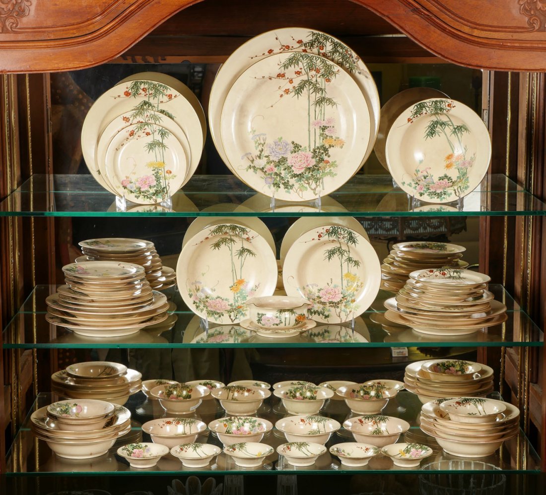 JAPANESE SATSUMA DINNERWARE: JAPANESE SATSUMA DINNERWARE: Approx. 47 pieces of Taisho Period (1912-1926) Japanese Satsuma Dinnerware to include 6 dinner plates (10''), 7 salad plates (7.5''), 8 bread plates (6.5''), 1 gravy boat 