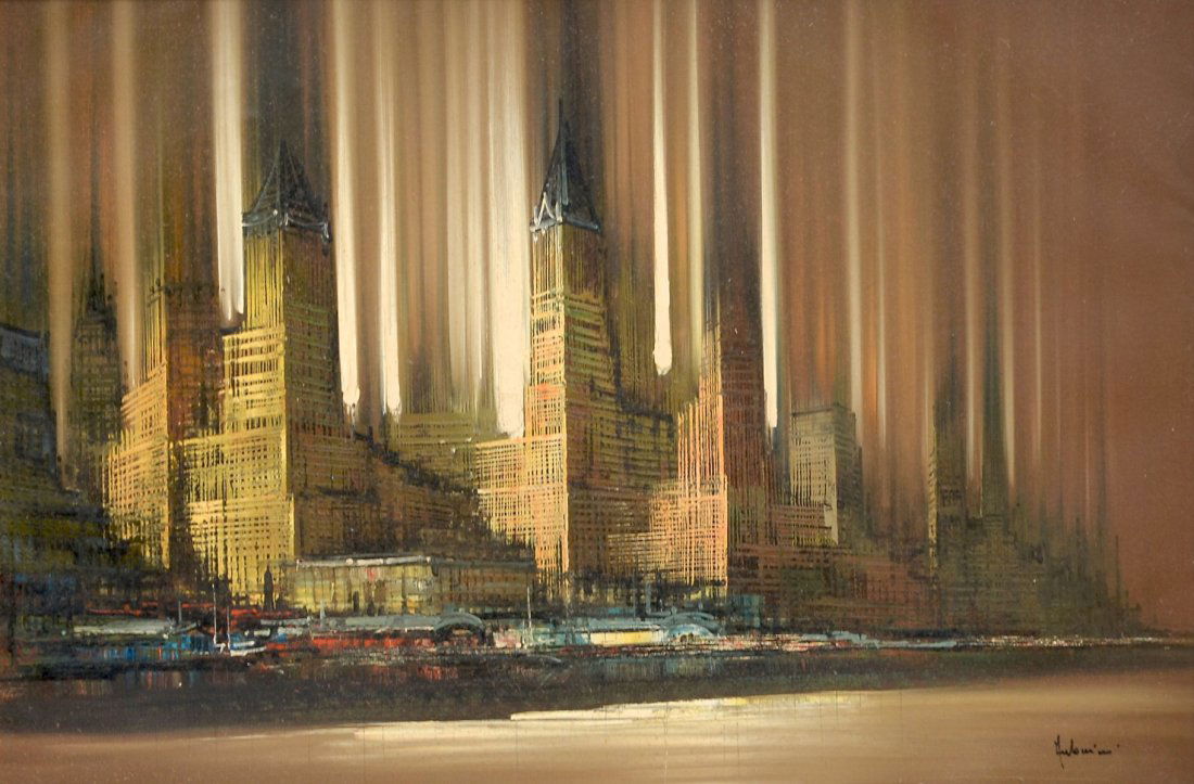 MANHATTAN AT DAWN: MANHATTAN AT DAWN: Original Oil Painting Signed Antonini, Purchased in Chicago c. 1978. Shows original twin towers before skyscrapers replaced them which were tragically destroyed in 9/11. Canvas is 3