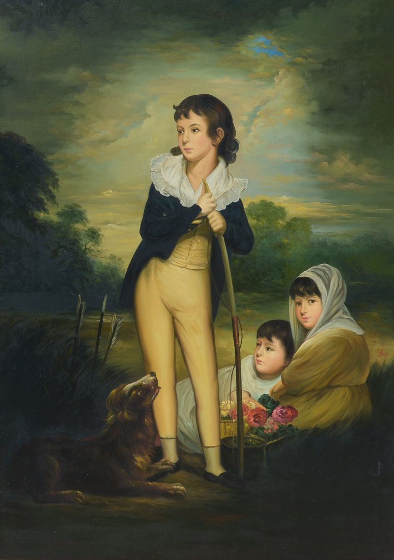 CHELSEA HOUSE PAINTING OF WIDDERBURN CHILDREN: CHELSEA HOUSE PAINTING OF WIDDERBURN CHILDREN AFTER SIR WILLIAM BEECHEY: Oil/Canvas, 42.5" x 31", labeled verso, framed, 48" x 36".