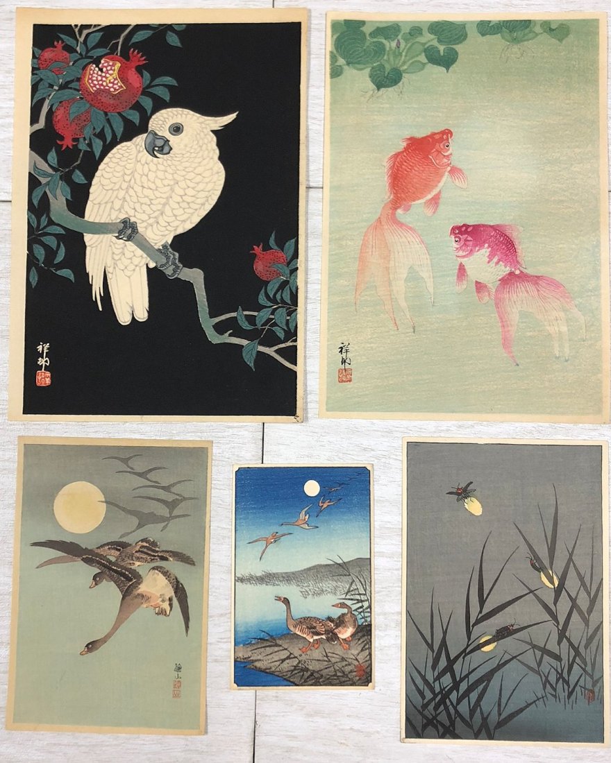 5 JAPANESE WOODBLOCK PRINTS OHARA KOSON, ITO SOZAN: 5 JAPANESE WOODBLOCK PRINTS OHARA KOSON, ITO SOZAN: Koson 1); Pomegranate and Parrot, 10.25" x 7.25 with margins; 2) 2 Goldfish, 10.125" x 7" with margins, 3) Ducks in Moonlight, 5.25" x 3.5" with mar